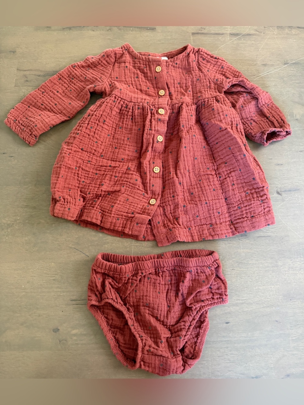 Carters Little Planet Baby 2pc Girls' Rust Gauze Button-Front Polka Dot Dress